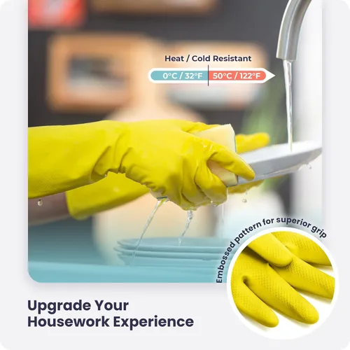 Vista 2 de Guantes para lavar platos, guantes de goma, guantes de cocina amarillos, guantes largos para protección de manos y trabajo