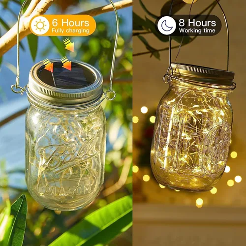Vista 3 de Paquete de 2 tapas de luz solar para tarros de masón Luces solares impermeables con luces de hadas blancas cálidas, encendido/apagado automático