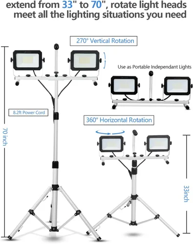 Vista 4 de Luz de trabajo LED UFOND de 10000 lúmenes con soporte, luces de trabajo de doble cabeza impermeables desmontables, proyector con interruptor