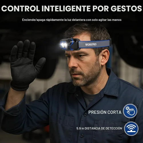 Vista 4 de WORKPRO 1200LM Linterna recargable para cabeza, súper brillante con luz blanca y roja, sensor de movimiento, función de memoria, luz frontal a