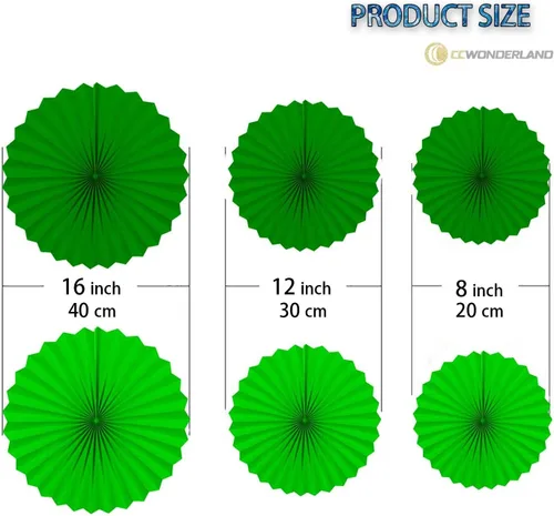 Vista 2 de Juego de 6 abanicos de papel colgantes redondos de color verde oscuro y verde