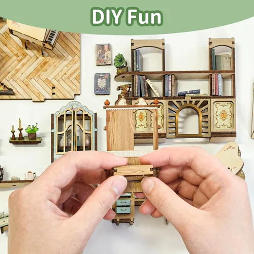 Vista 3 de Kit de bricolaje para rincón de libros, inserto de estantería para casa de muñecas, rompecabezas de madera 3D con cubierta antipolvo LED, kit