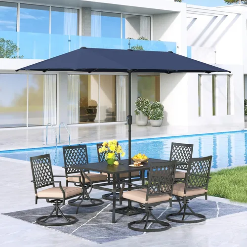 Vista 35 de MFSTUDIO Juego de mesa de comedor para patio al aire libre con paraguas, 4 sillas giratorias y 1 x 37 cuadrado Bistro forjado Iorn Slat mesa grande