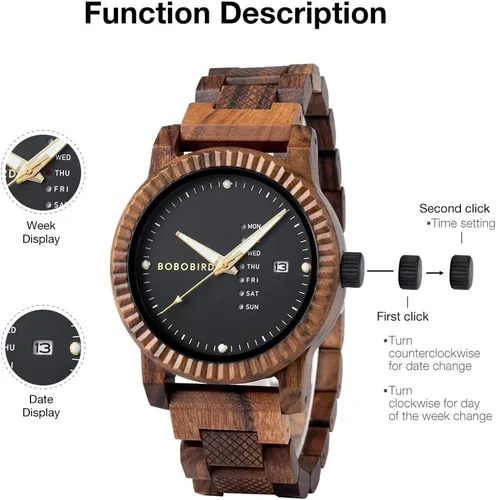 Vista 9 de BOBO BIRD Reloj de madera para hombre, analógico, de cuarzo, con pantalla de semana, ligero, hecho a mano, para hombre