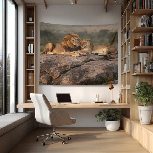 Vista 2 de Shrahala Brown Golden Tapestry, Lion Wall Hanging Hd Print Polyester Backdrop For Dorm Room Bedroom 30 X 40 In