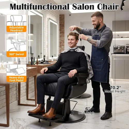 Vista 8 de Hydraulic Barber Chair All Black, 550LBS Heavy Duty Barbershop Chair, Adjustable Reclining Salon Chair, Professional Hair Stylist Chair for