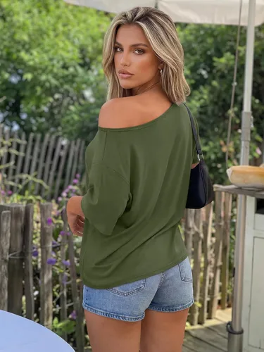 Vista 5 de Trendy Queen Camisetas de verano de gran tamaño con hombros descubiertos Verde Armada (ArmyGreen)