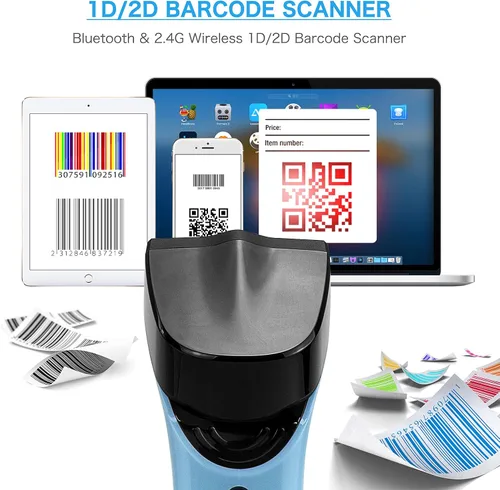 Vista 3 de Escáner de código de barras inalámbrico Bluetooth 2D automático, lector de código de barras manos libres con base de carga y memoria incorporada