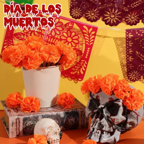 Vista 4 de Cartel de fiesta mexicana de Halloween, 124 unidades, papel picado, Día de los Muertos, banderines de fiesta, Día de los Muertos, flores muertas