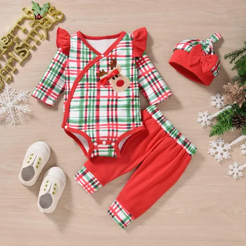 Vista 4 de Conjunto de ropa de invierno para bebé prematura de manga larga a cuadros, kimono para bebé, conjunto de ropa de invierno