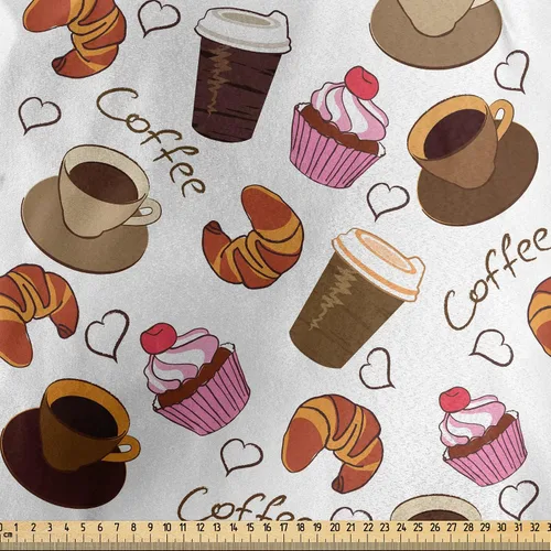 Vista 2 de Lunarable - Tela de café por yarda, tazas de café para llevar y dulces, diseño de cupcakes de cereza y croissant, cultura del desayuno americano