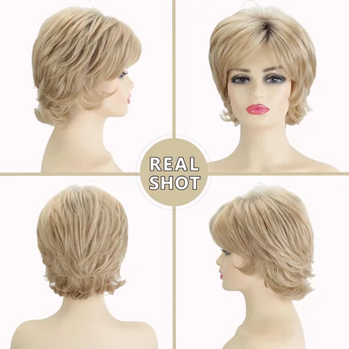 Vista 2 de TISHINING Pelucas Rizadas Cortas de Corte Pixie Ombre Rubias para Mujeres Blancas Peluca Rubia Mixta Esponjosa en Capas con Flequillo de Aspecto