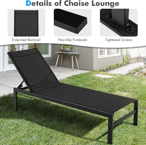 Vista 8 de Tangkula Tumbona de aluminio para patio, sillón ajustable para exteriores con respaldo de 6 posiciones, marco de aluminio resistente, tela Negro