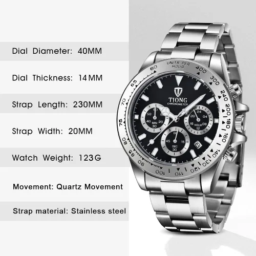 Vista 5 de Dentily Reloj de cuarzo para hombre, cronógrafo, de acero inoxidable, impermeable, para negocios, para hombre