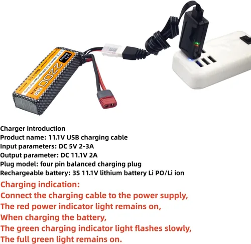 Vista 3 de sea jump Batería Lipo de 11.1 V 2200 mAh 35C 3S con enchufe en T y cable de carga USB adecuado para MJX H16P H16E H16GT H16BM H16PL 14301 RC Car