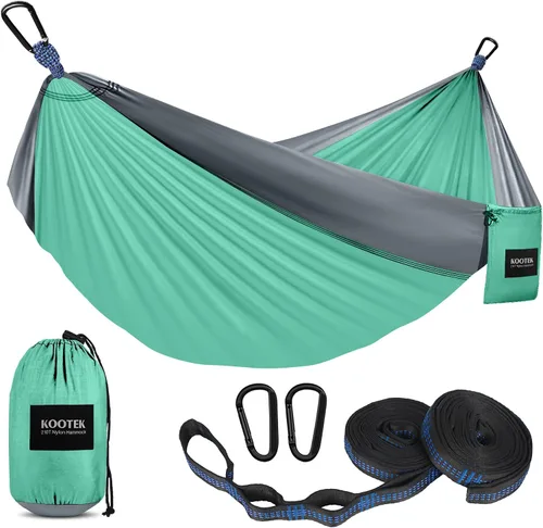 Vista 8 de Kootek - Hamaca portátil doble e individual con 2 correas para árboles, de nailon ligero de paracaídas para mochileros, viajes, playa, patio, Negro