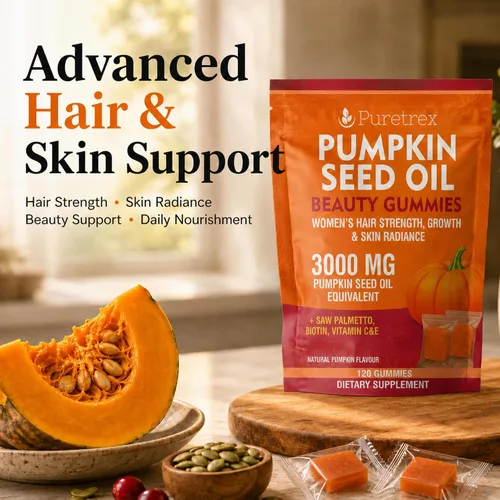 Vista 6 de Gomitas de belleza de aceite de semilla de calabaza 3000mg, palma enana americana, biotina 2500mcg, E