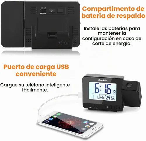 Vista 6 de SMARTRO Reloj despertador de proyección digital para dormitorios