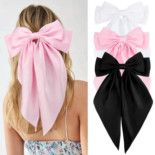 Vista 10 de Velscrun Lazos para el cabello para mujeres y niñas, 3 unidades, lazo blanco, lazo negro, azul marino, lazos grandes para el cabello con clip, lazos