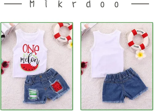 Vista 4 de Mikrdoo Ropa para bebé niña pequeña, trajes de verano camisas, tops rasgados pantalones cortos de mezclilla conjunto de ropa para niña pequeña