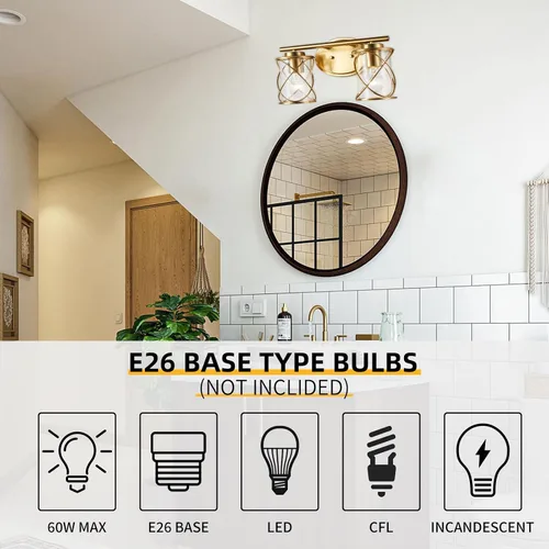 Vista 6 de mavcadonf Luces de Tocador de Baño de 2 Luces, Lámparas de Baño sobre el Espejo, Luz de Tocador Dorado Cepillado, Luces de Pared de Estilo Rústico