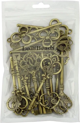 Vista 2 de lollibeads (TM) Antiqued Assorted Skeleton Key encanto Set Collar Colgante, de filigrana corazón Royal Victoriana Steampunk Proyectos Bronce-extra
