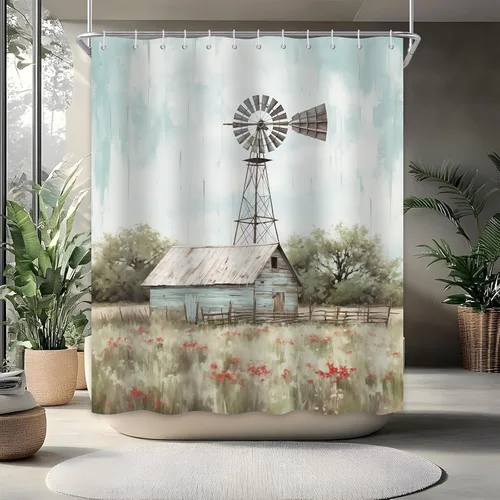 Vista 11 de Cortina de ducha de molino de viento, decoración rústica de baño, tela impermeable con ganchos, 36 x 72 pulgadas