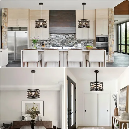 Vista 4 de Candelabros de granja para comedor, iluminación colgante de 3 luces para isla de cocina, tambor negro, lámpara rústica para colgar en el techo