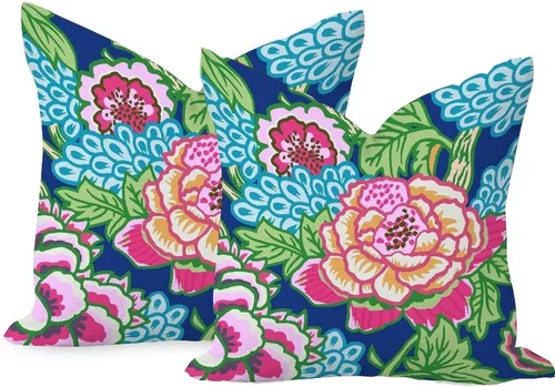 Vista 56 de Juego de 2 almohadas coloridas de estilo chinoiserie, color rosa intenso, azul real, peonía, floral, blanco, lino, estilo chinoiserie, para sofá