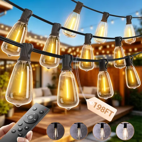 Vista 9 de addlon Tira de luces para exteriores de 196 pies para exteriores con control de aplicación, luces impermeables para patio con bombillas LED Edison