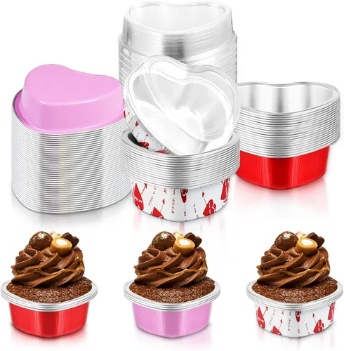 Vista 8 de Cunhill 60 juegos de moldes para pasteles en forma de corazón con tapas, 3.4 onzas líquidas, papel de aluminio, mini moldes desechables para blanco