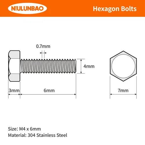 Vista 2 de M4-0.7 x 6mm Tornillos de cabeza hexagonal de servicio pesado, tornillos de cabeza hexagonal, acero inoxidable 304, rosca completa métrica, acabado
