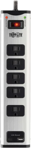 Vista 4 de Tripp Lite Regleta protectora contra sobretensiones, 5 tomas de corriente, metal, 1 USB-A y 1 puerto de carga USB C, cable compartido de 6 pies