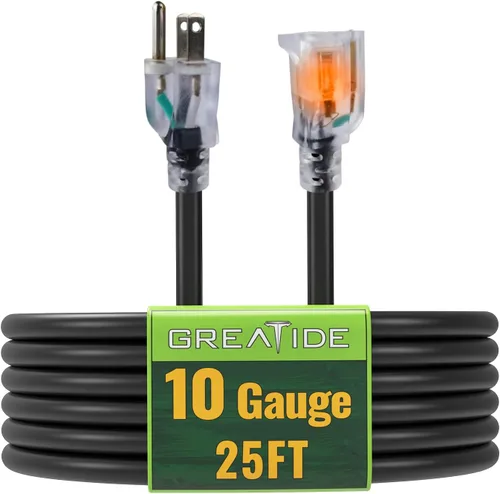 Vista 9 de Cable de extensión iluminado para exteriores de 10 pies - Cable de extensión amarillo resistente SJTW 10/3 con enchufe a tierra de 3 puntas