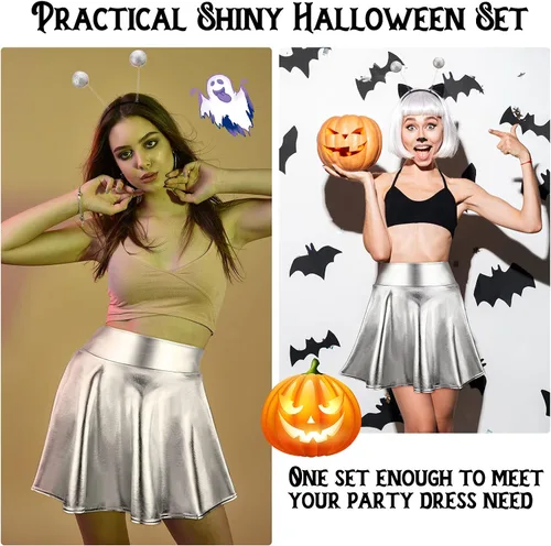 Vista 5 de Disfraz de alienígena de Halloween de 3 piezas, incluye falda de alienígena metálica plateada, falda plisada acampanada, purpurina cosmética
