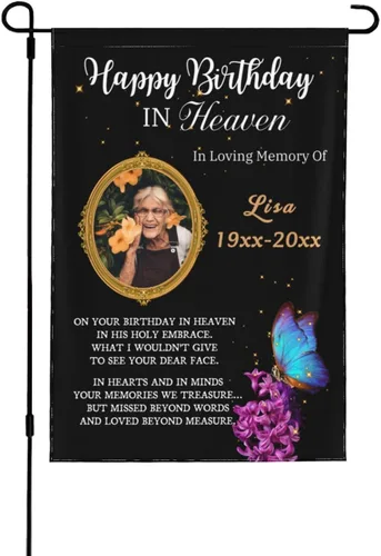 Vista 10 de Bandera de memoria personalizada con nombre de foto, fecha, letrero funerario personalizado, bandera conmemorativa personalizable para jardín