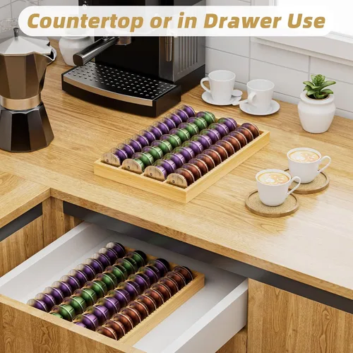 Vista 4 de MinBoo Soporte de Almacenamiento de Cápsulas de Café de Bambú Inserto de Cajón para Mostrador Compatible con Cápsulas Nespresso Vertuo Vertuoline