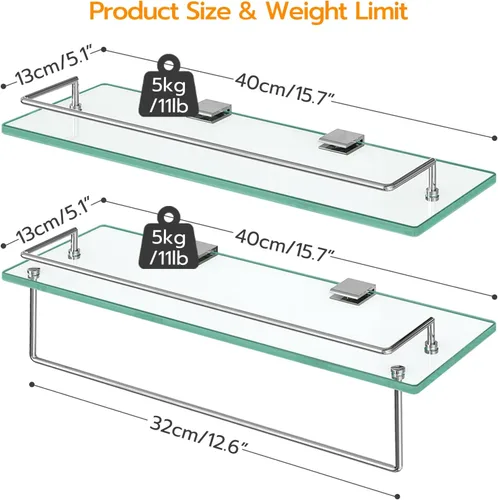 Vista 3 de HOOBRO Estantes de vidrio para baño, estante de vidrio flotante de 15.7 pulgadas para pared, juego de 2 soportes montados en la pared de acero