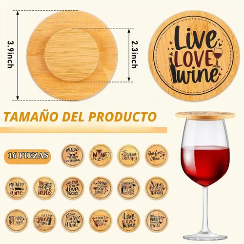 Vista 2 de Tessco para ti 16 piezas de cubiertas para copas de vino divertidas de madera para bebidas de charcutería para mantener fuera a los insectos