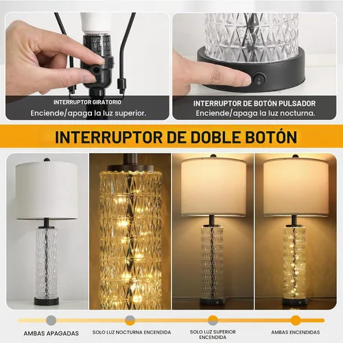 Vista 3 de Oneach Juego de 2 lámparas de mesa de 27.75 pulgadas, lámpara de noche moderna negra con luz nocturna LED, USB A+C, lámparas de vidrio para sala