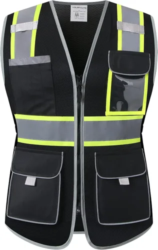 Vista 2 de Chaleco de seguridad para mujeres, chaleco de trabajo reflectante de alta visibilidad con 9 bolsillos múltiples y cremallera Negro