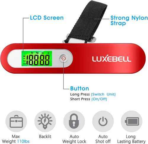 Vista 2 de Báscula digital de equipaje de regalo para maleta de viajero, báscula de peso de mano de 110 libras (rojo)