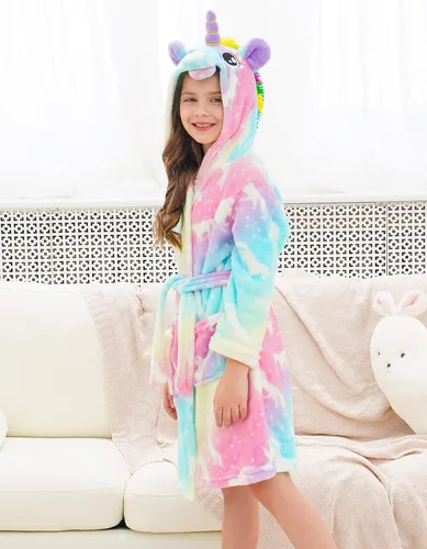 Vista 3 de Doctor Unicorn Bata de baño con capucha de unicornio suave para niñas, Blanco
