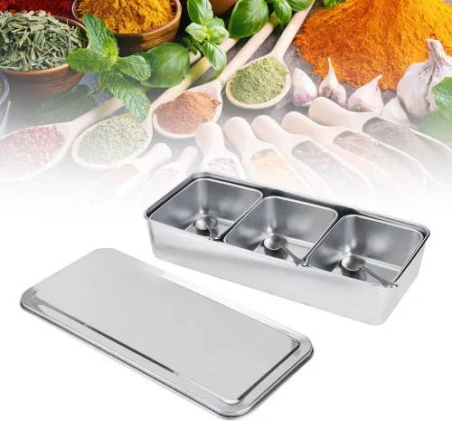 Vista 4 de Servidor de condimentos, tarro de condimentos de acero inoxidable de grado alimenticio de 21 onzas con cuchara y tapa, 3 compartimentos extraíbles