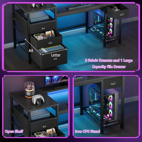 Vista 4 de Furologee Escritorio para juegos de 52 pulgadas con luces LED y tomas de corriente, escritorio reversible para computadora con 4 cajones, archivador