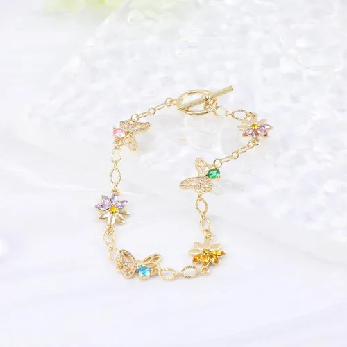 Vista 4 de Gold Plated Sunflower Butterfly Chain Bracelet for Women Sunflower Butterfly Chain Bracelet Rhinestone Insect Flower Alloy Bracelet Charms Bracelet