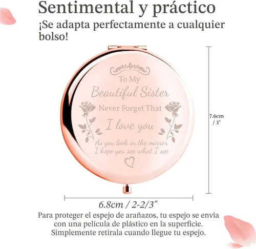 Vista 5 de Espejo compacto para regalos para hermanas, para mi hermosa hermana, hermoso espejo compacto de oro rosa, espejo de regalo único para amigas