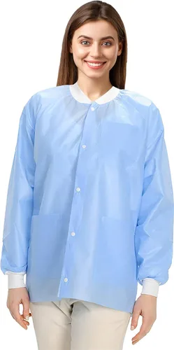 Vista 42 de Paquete de 10 chaquetas desechables de laboratorio, chaqueta médica reutilizable hasta la cadera, unisex, con puños de punto y bolsillos