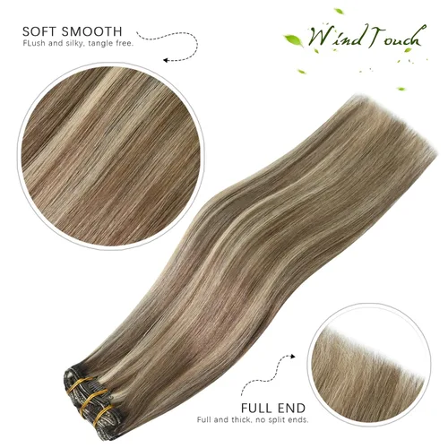 Vista 2 de WindTouch Extensiones de cabello humano real con pinzas, balayage, color rubio ceniza a rubio platino, con reflejos gruesos para cabeza completa, 14