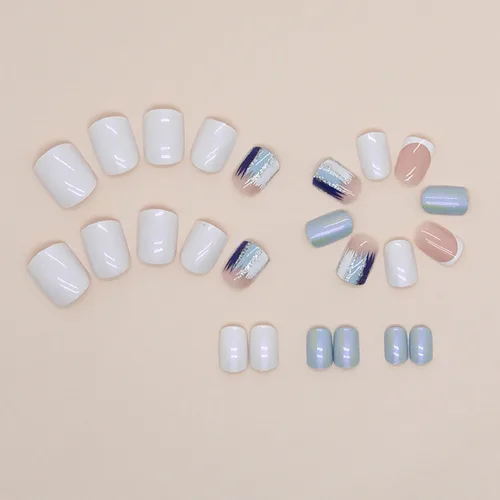 Vista 2 de Uñas postizas a presión extra cortas cuadradas SWEKKE verano blanco punta francesa uñas postizas de cobertura completa flash azul pegamento uñas S2